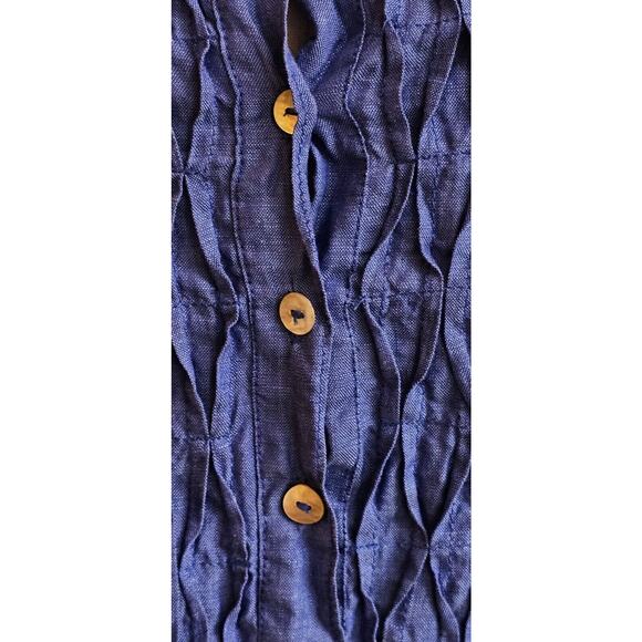 Italian 100% Linen Smocked Tiered Long Sleeve Shirt Top Tunic Royal Blue XL Larg - Picture 2 of 5